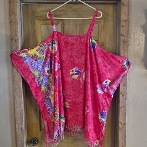 Dream Island Beach Pool Swimsuit Cover Up Spaghetti Straps Cold Shoulder OSFM